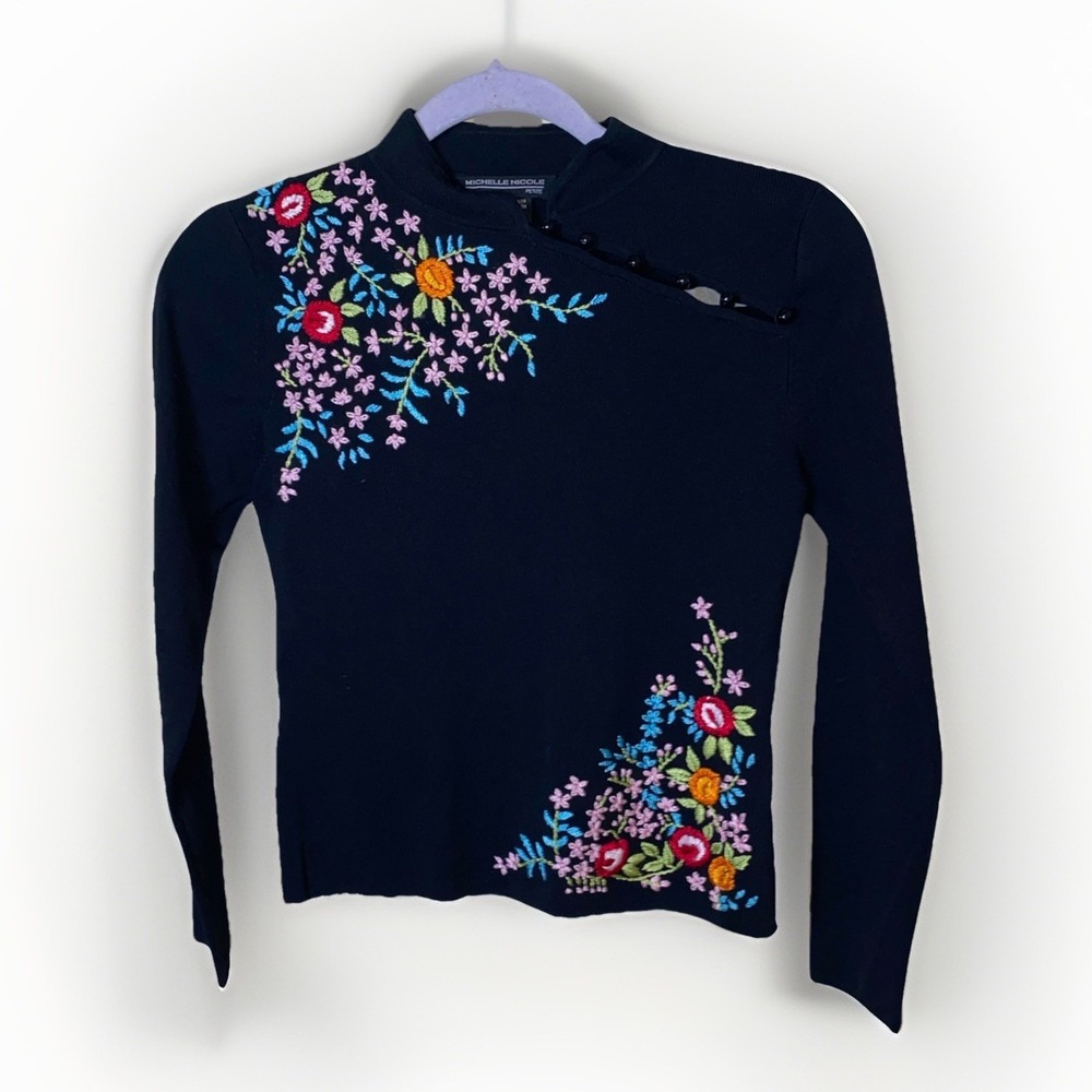 Michelle Nicole Petite S Black Floral Embroidered Top Boho Mock Neck Long Sleeve